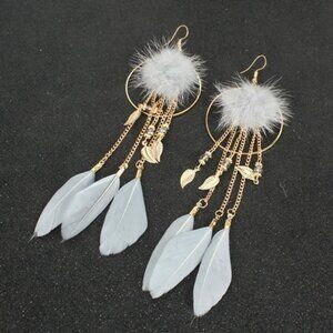 3/ 30 Boho Gypsy White Feather Gold Leaf Dangle Earrings